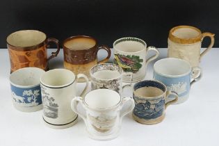 Collection of 19th Century Victorian ceramic mugs to include lustre, souvenir (Glastonbury abbey)