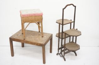 Two Early 20th century Oak Folding Cake Stands together with Stool and a Wicker Sewing Box