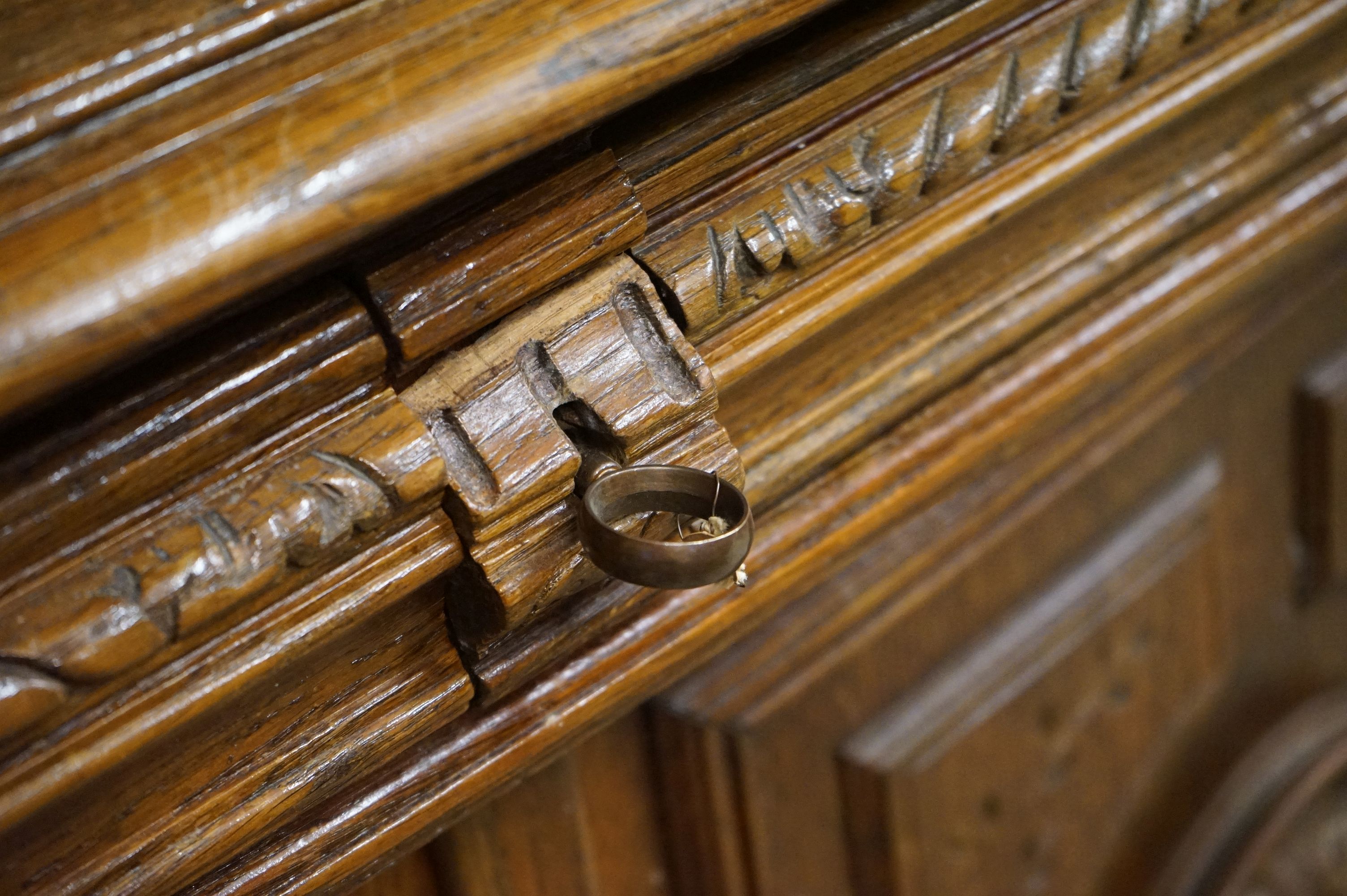 19th century Carved Oak Gothic Cabinet, the upper structure with three carved panel doors, all - Image 13 of 18