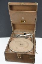 A early to mid 20th century His Master Voice portable wind up gramophone / Record player.