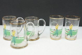 Mid Century golfing design drinking glasses to include three tankards and two glasses, each with