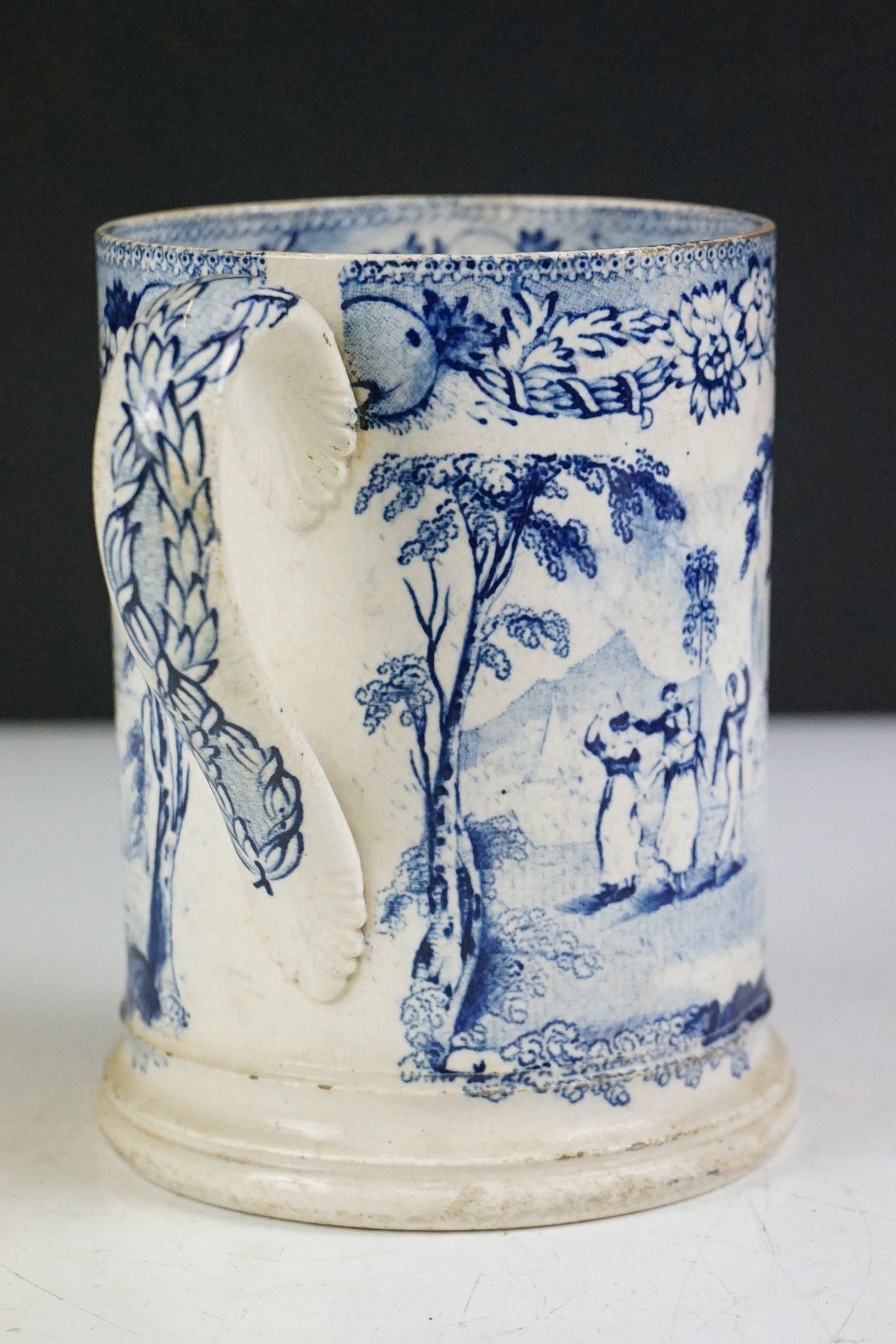 Four 19th century blue & white printed ceramic tankards, featuring early 19th century and Willow - Image 5 of 27