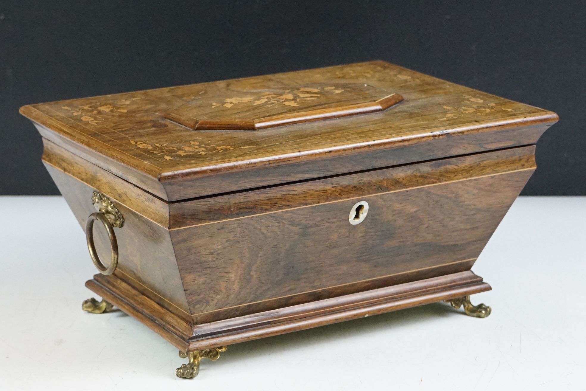 Early 20th Century satinwood inlaid casket box having a hinged lid, with tapering body raised on paw
