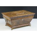 Early 20th Century satinwood inlaid casket box having a hinged lid, with tapering body raised on paw