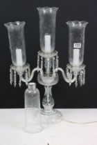Moulded clear glass three-branch electric candelabrum table lamp, with etched hurricane glass shades