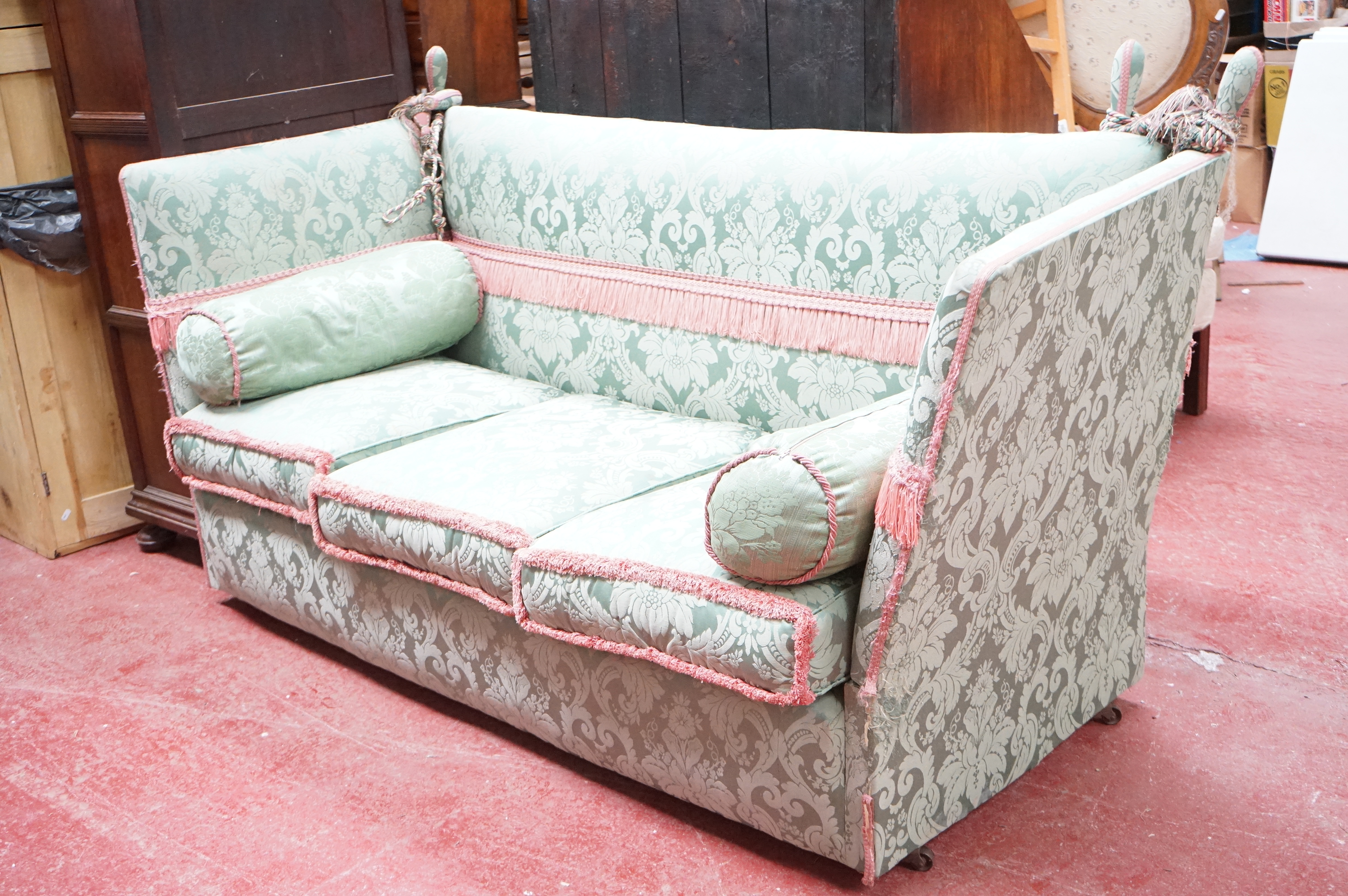 Knole style Green Upholstered Drop End Sofa with square back