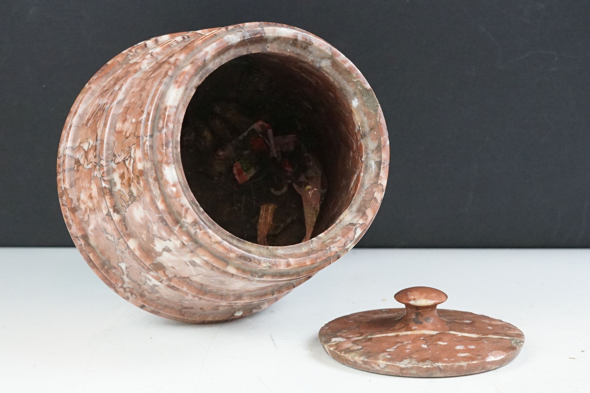 Carved marble footed storage jar & cover (approx 23.5cm high), together with a set of six footed - Image 6 of 13