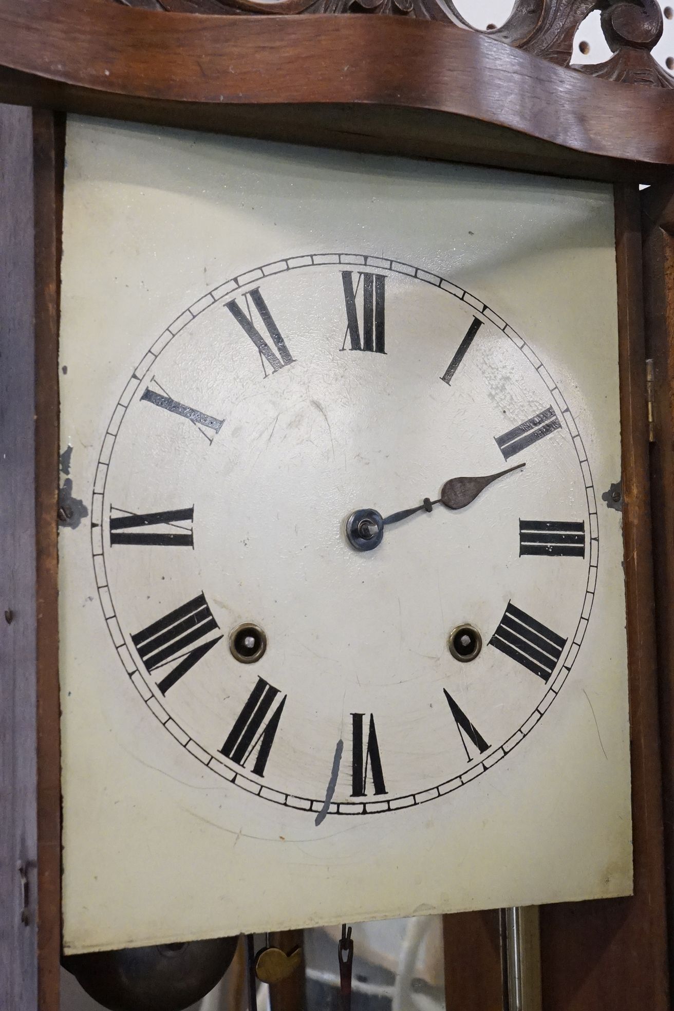 Edwardian inlaid mahogany pendulum wall clock having a round face with roman numerals to the dial, - Image 8 of 9