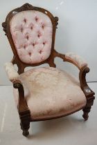 Pair of Victorian Carved Walnut ' His and Hers ' Salon Easy Chairs, the larger chair with arms, both