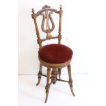 Victorian Walnut Aesthetic Movement Adjustable Harpist's or Cellist's Chair, with carved Lyre back