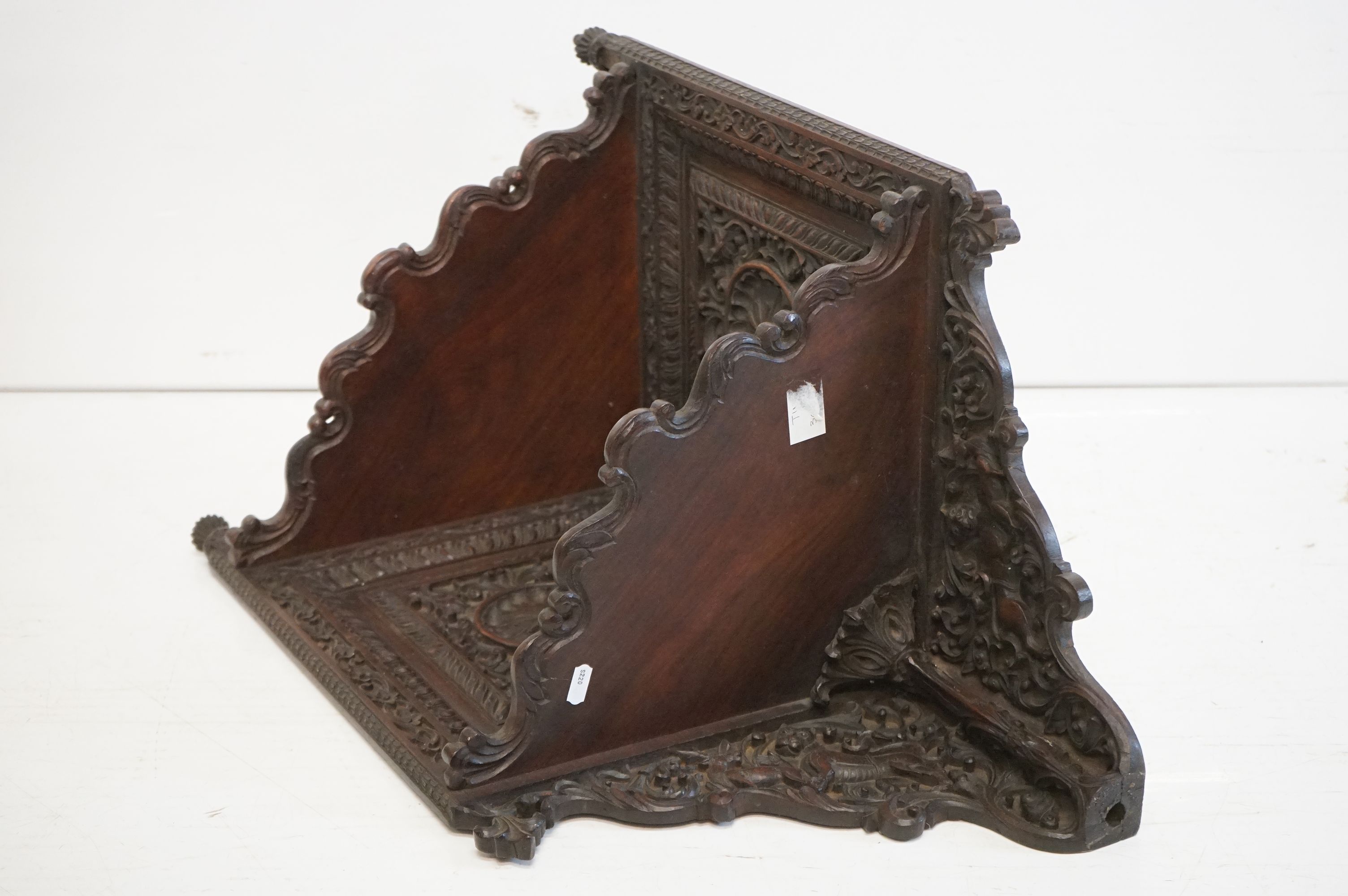 19th century Anglo Indian Hardwood Hanging Corner Shelf, profusely carved including lions, deer, a - Image 2 of 9