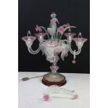 Mid 20th century Venetian style five-light electric candelabrum, in moulded cranberry & clear glass,