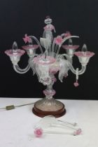 Mid 20th century Venetian style five-light electric candelabrum, in moulded cranberry & clear glass,