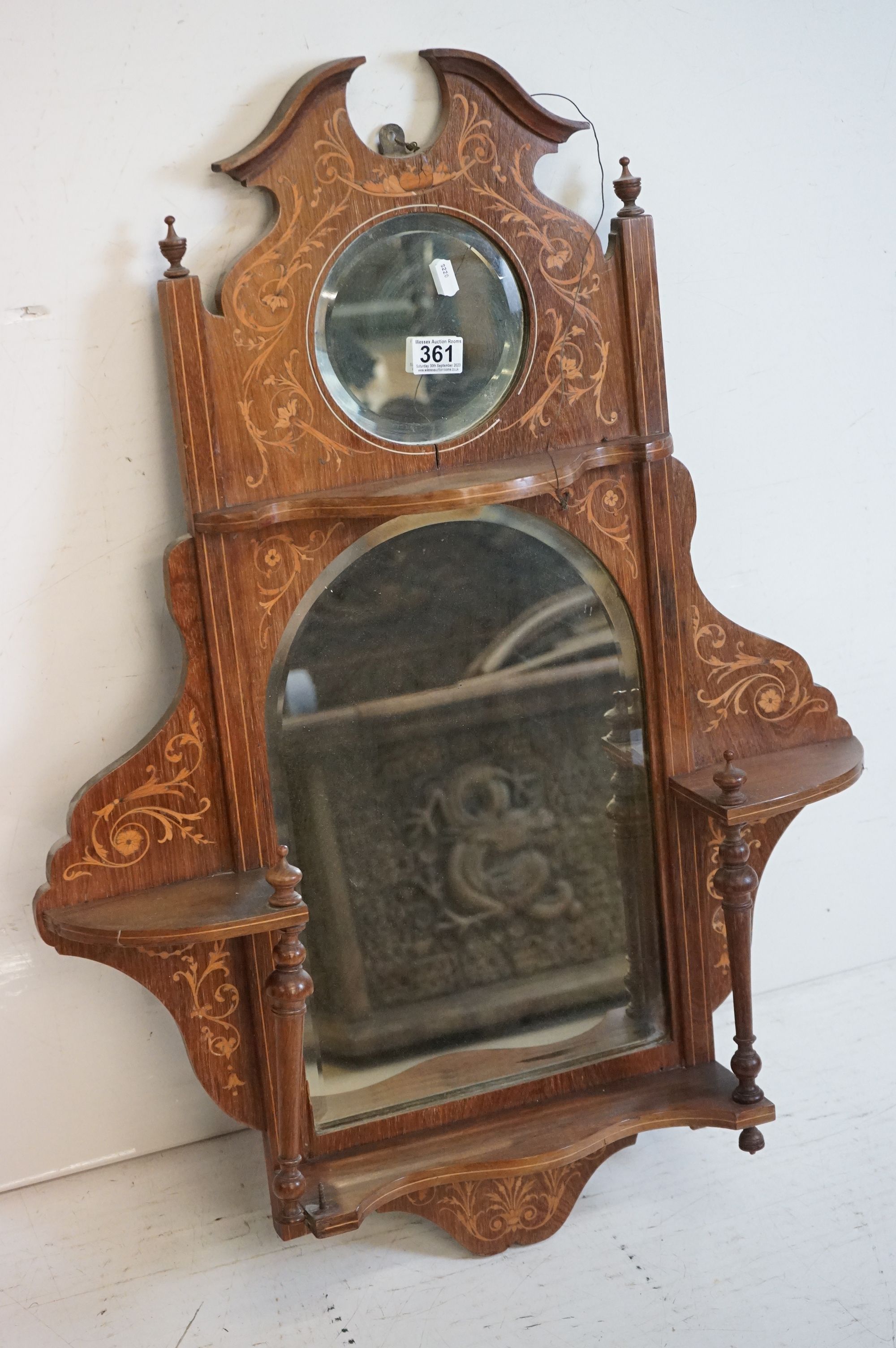 Victorian Walnut and Marquetry Inlaid Combination Hall Mirror and Shelf, 65cm wide x 95cm high