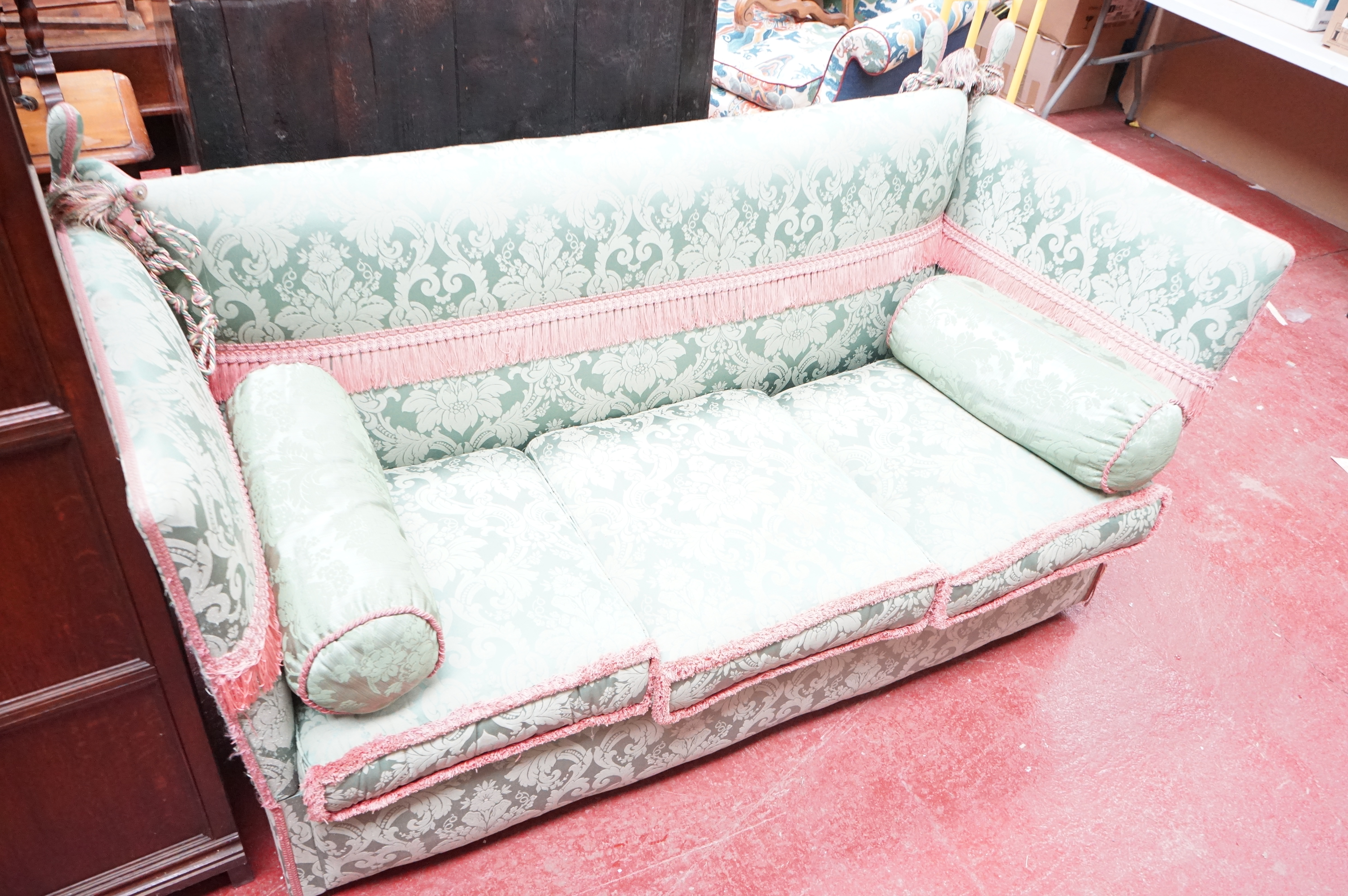 Knole style Green Upholstered Drop End Sofa with square back - Image 2 of 16