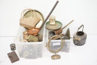 Mixed metal ware to include a cast iron kettle, Derverley footed copper dish, Art Nouveau style