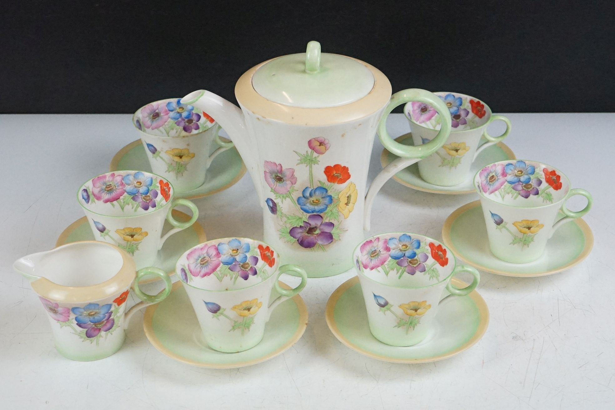 Shelley 'Anemone' pattern coffee set, pattern no. 12072, to include coffee pot & cover, 6 cups, 6