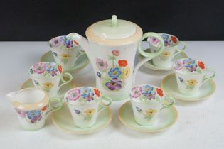 Shelley 'Anemone' pattern coffee set, pattern no. 12072, to include coffee pot & cover, 6 cups, 6