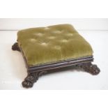 Victorian Rosewood Square Footstool with green button upholstered top and heavily carved lion paw