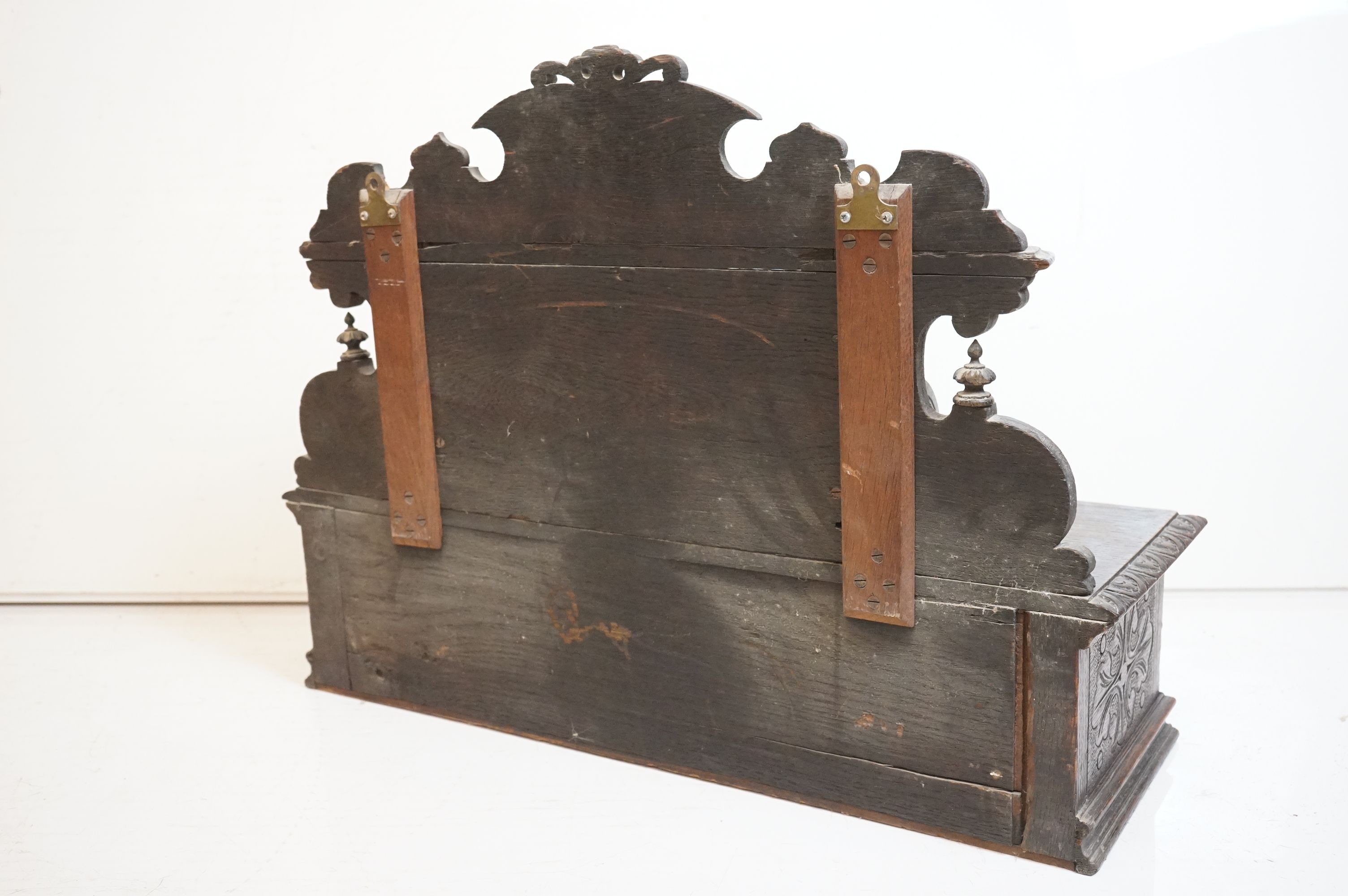 19th century Carved Oak Hanging Cabinet, the shaped back with a shelf over a single drawer, with - Image 7 of 8