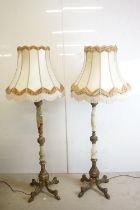 Pair of Onyx and Brass Standard Lamps with shades, total height 77cm