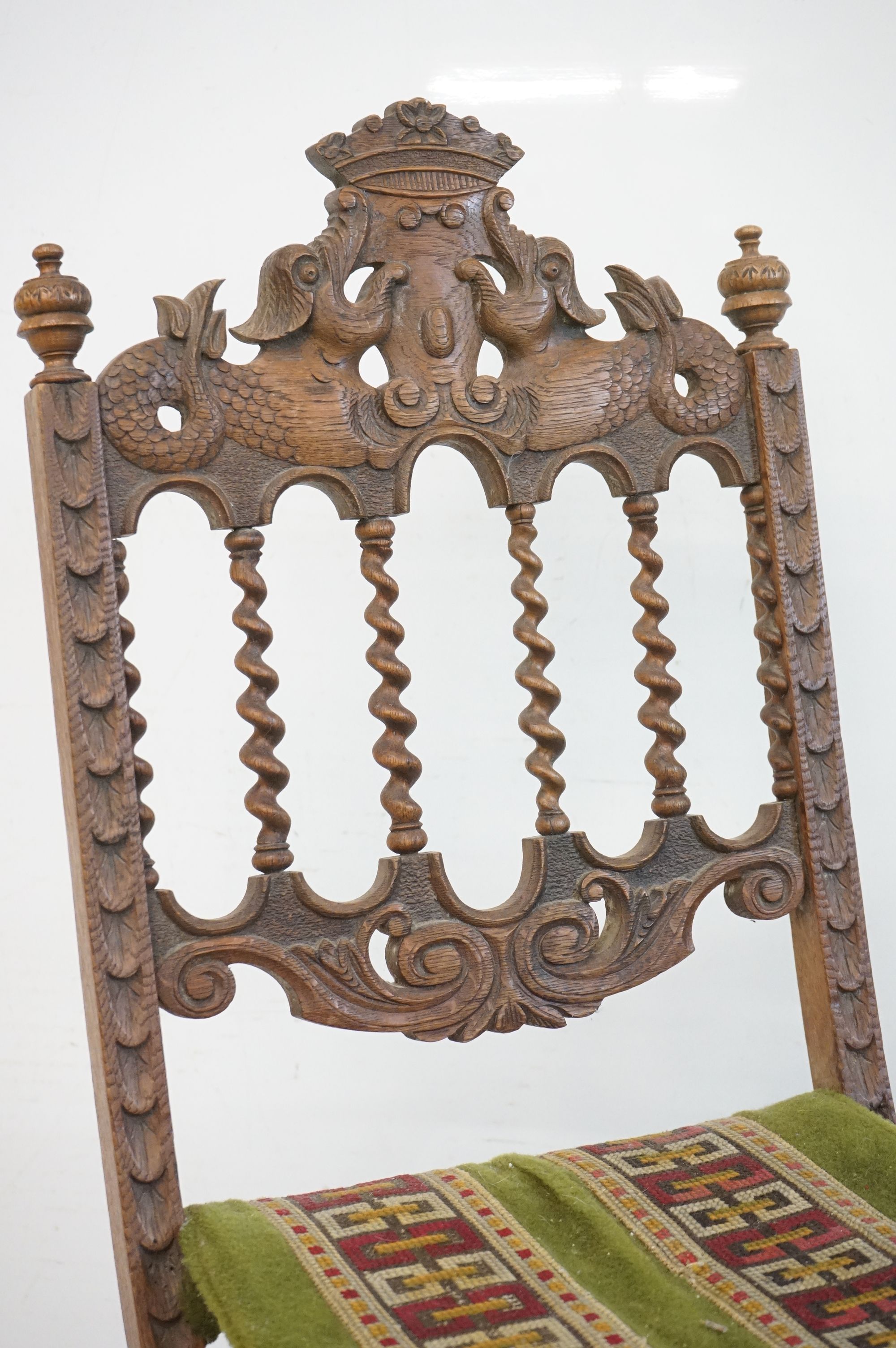 Victorian Walnut Carved Folding Chair, the cresting rail carved with two dolphins or fish beneath - Image 3 of 8