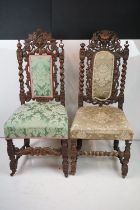 Two Victorian Heavily Carved Oak Side Chair in the Carolean manner, carved with a grotesque face