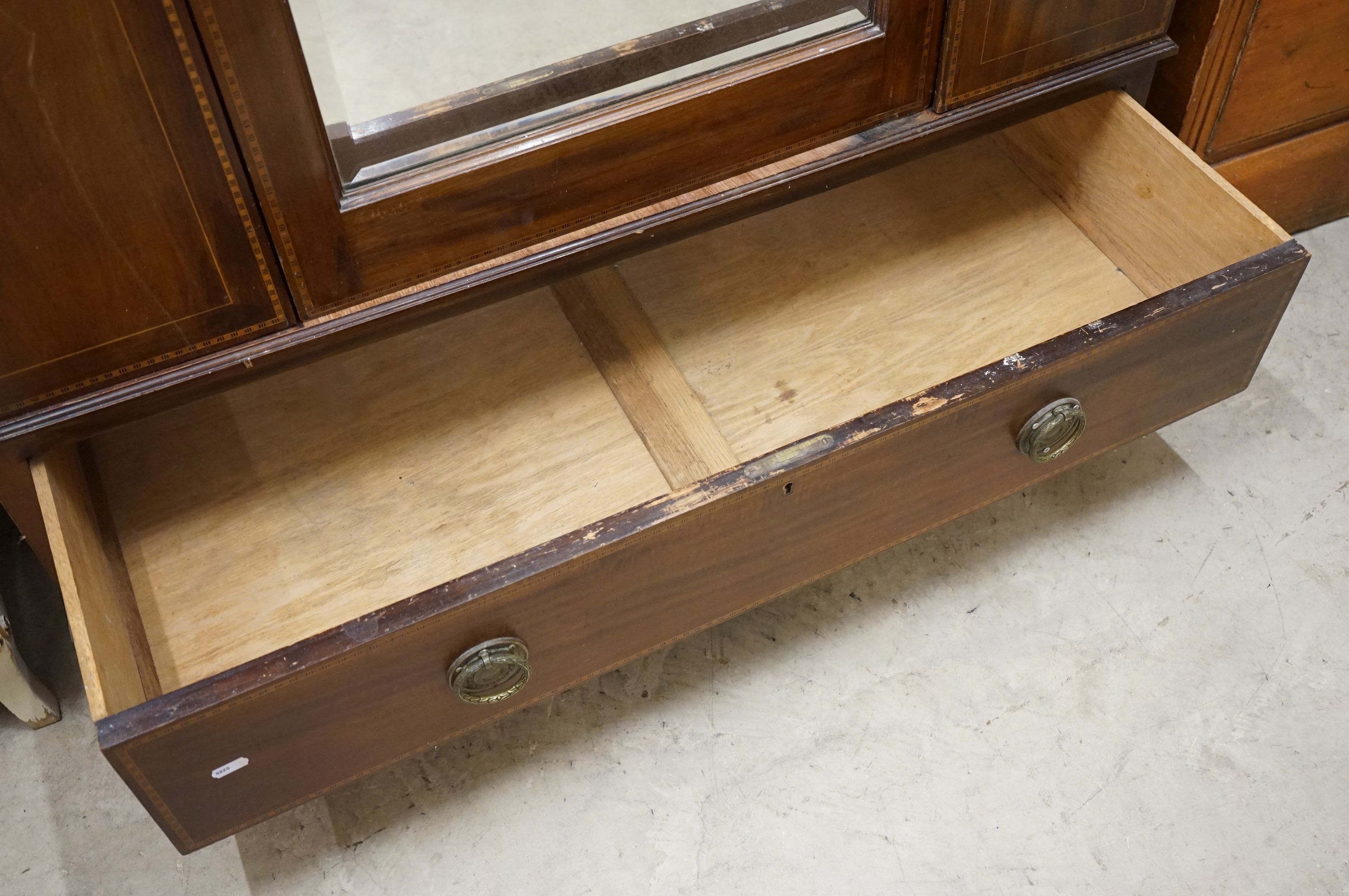 Edwardian Mahogany Inlaid Wardrobe, the single mirrored door opening to a hanging space above a long - Image 9 of 11