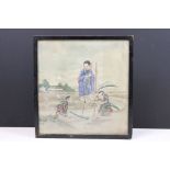Oriental School, walking on stilts with children playing below, watercolour on silk, 28 x 26.5cm,