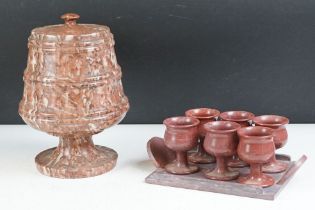 Carved marble footed storage jar & cover (approx 23.5cm high), together with a set of six footed