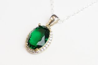 Silver CZ and faux Emerald Pendant Necklace