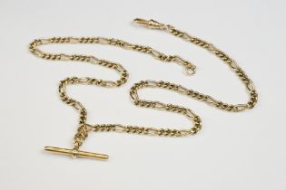 A yellow metal Albert chain with lobster clasp and hallmarked 9ct gold T-Bar.