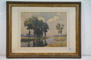 Early 20th century Watercolour of a Peaceful Extensive Country Scene with Trees on Riverbank, signed