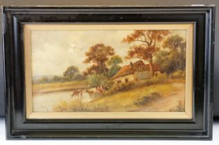 19th century Oil on Canvas Country Scene with Cottage and Cattle in Stream, 24cm x 43.5cm