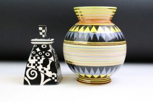 Moorland Chelsea Works Burslem vase of globular form with flared neck, geometric & striped design (