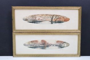 Continental School, pair of narrow oval landscape scenes, colour prints, each indistinctly signed in