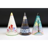 Three conical ceramic sugar shakers to include a Chelsea Works Burslem lustre shaker, Elements of