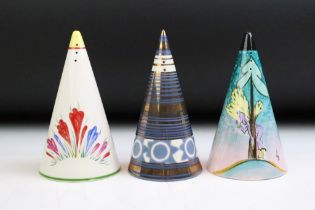 Three conical ceramic sugar shakers to include a Chelsea Works Burslem lustre shaker, Elements of