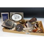 A box of mixed collectables to include hip flasks, powder flasks, wool cutter, photograph frames,