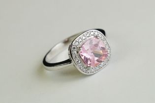 Silver CZ and Pink Topaz style Ring