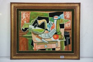 Studio Framed Abstract Oil Painting of Kitchen ware on a Table inscribed ‘ Le Jour ‘ (having gallery