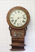Victorian Walnut Inlaid Drop Dial 8 day Wall Clock, the white face with Roman numerals, 80cm high