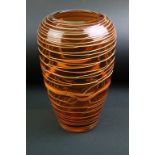 Amber studio art glass vase of tapering form, with spiralling 'thread' decoration, ground pontil