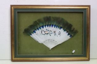 White feather fan, painted with a butterfly, flowers and foliage, each feather, tipped with