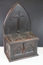 19th century oak collection box with ecclesiastical metal mounts and arched back, approx 47cm H x