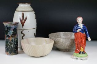 19th Century Victorian Lord Byron Staffordshire figurine, together with two carved stone bowls, a