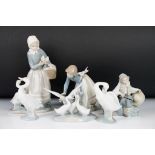 Five Lladro ceramic figurines to include three figurine groups with birds and a goose, together with