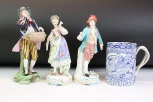 Three 19th century porcelain figures, to include a man & lady of classical presentation with Chelsea