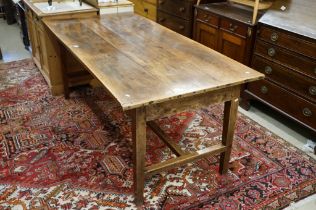 French Farmhouse Dining Table with elm plank top, drawer to end, raised on square tapering legs