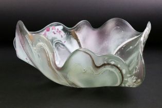 Contemporary studio art glass dish of organic shell-like form, with ribboned & flecked decoration,